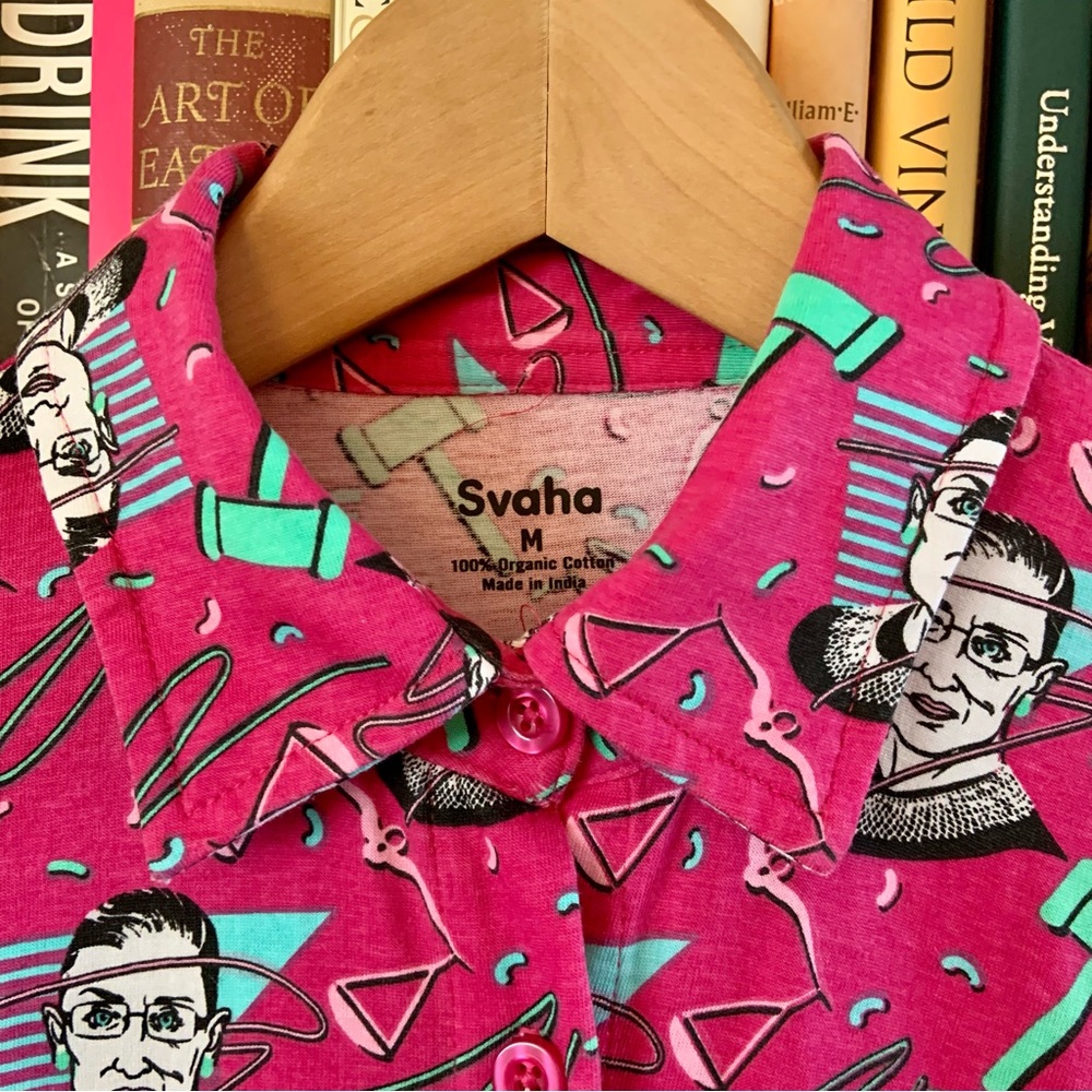 Svaha Pink Magenta Ruth Bader Ginsburg RBG Sally Button Shirt Dress POCKETS M - Picture 3 of 12